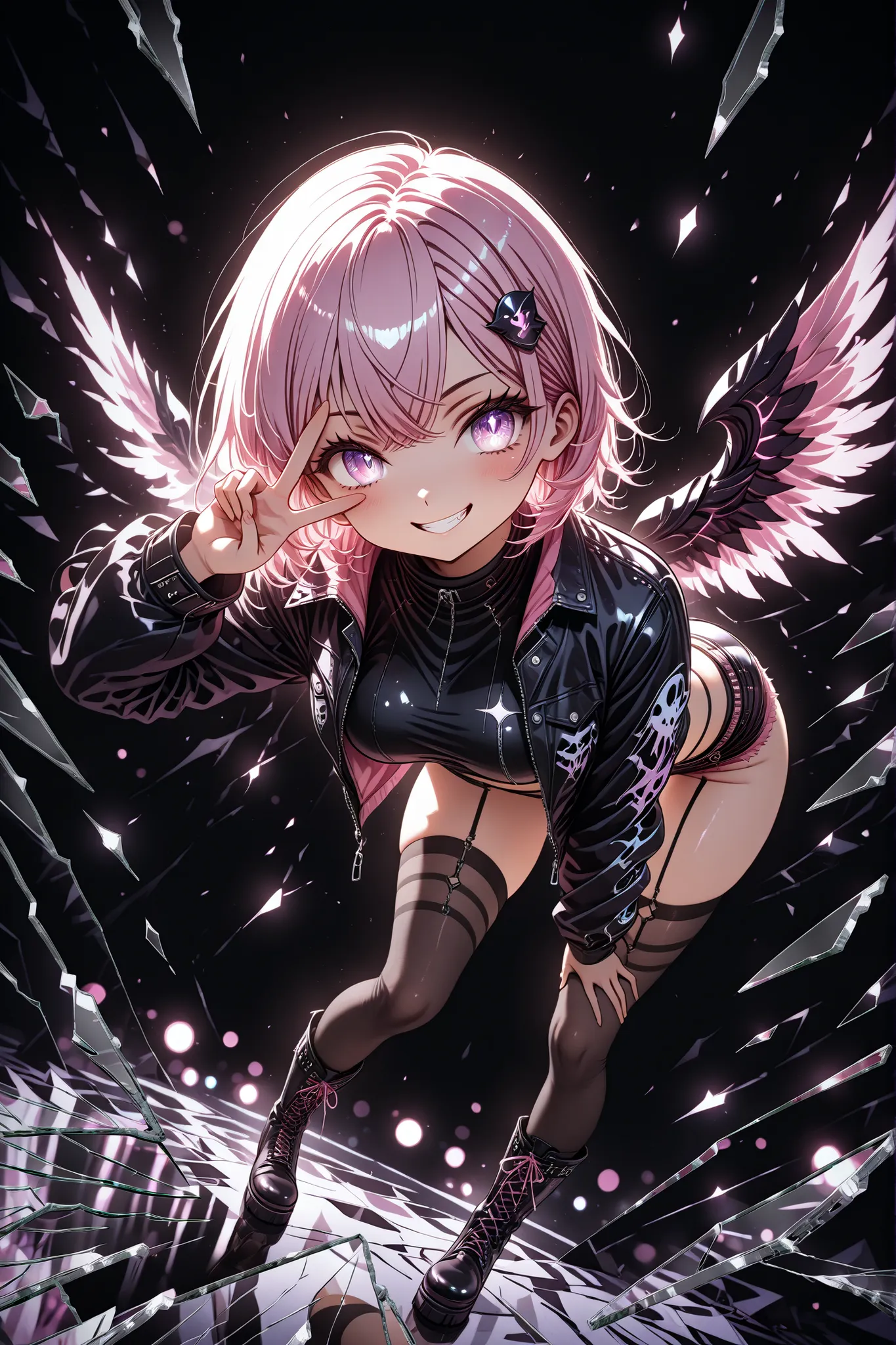 1 girl, violet eyes, light pink hair, short hair, cool, beautiful, medium breast, very cute, lovely, kawaii, 
, Dark angel, black and pink angel wings, bent forward, v , v over eye, one hand on thigh, crop top, punk jacket, open jacket, micro shorts, knee ...