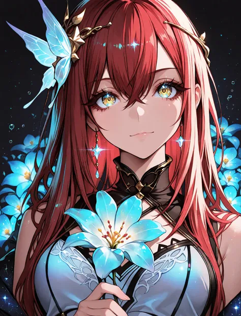1 girl , golden eyes , very long hair , long sidelocks, red hair , petite , very cute , beautiful ,Straight hair, cool, handsome, hair between eyes, mediumlarge breast
, floating in a sea of stars, long flowing hair shimmering like moonlight, glowing galax...