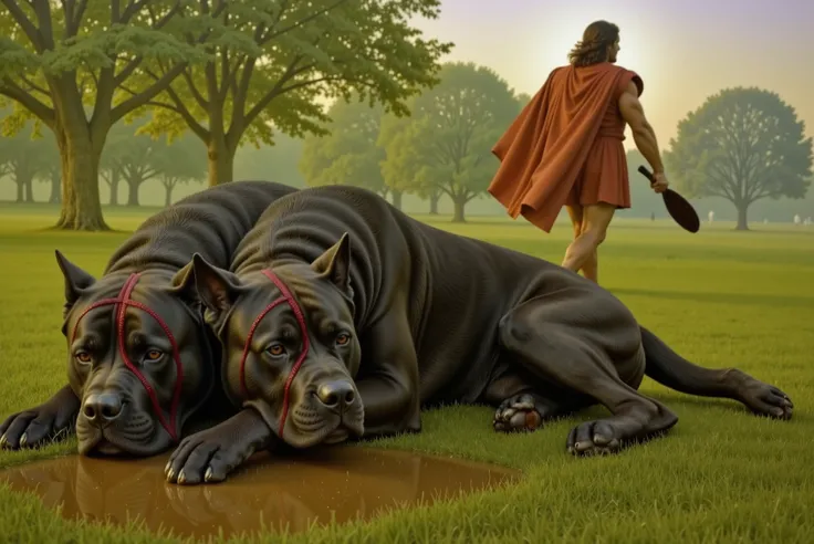 A black, two-headed Cane Corso lies motionless on the grass, its massive form the aftermath of the battle. In the distance, Hercules, dressed in a flowing red robe, looms, his silhouette disappearing into the distance. The atmosphere is solemn yet triumpha...