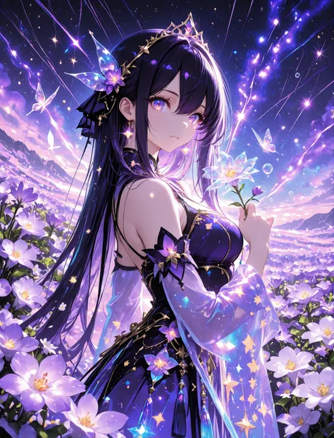 1 woman, sharp purple eyes , multicolored eyes , hair between eyes , long side bangs , black hair with fine purple strands , very long hair , medium breasts , cool, beautiful,
, floating in a sea of stars, long flowing hair shimmering like moonlight, glowi...