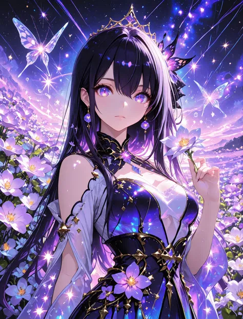 1 woman, sharp purple eyes , multicolored eyes , hair between eyes , long side bangs , black hair with fine purple strands , very long hair , medium breasts , cool, beautiful,
, floating in a sea of stars, long flowing hair shimmering like moonlight, glowi...