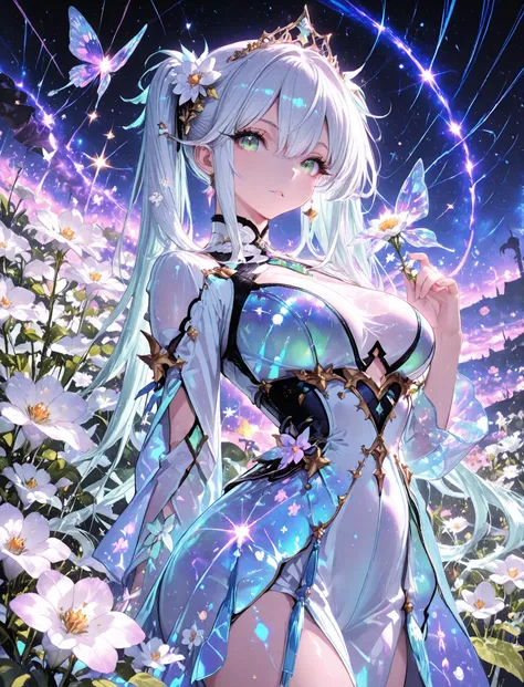 1girl, green eyes, white eyelashes, white hair, long hair, hair between eyes, large breasts, curvy, beautiful, sexy, cool, confident, twintails, curly twintails

, floating in a sea of stars, long flowing hair shimmering like moonlight, glowing galaxy eyes...