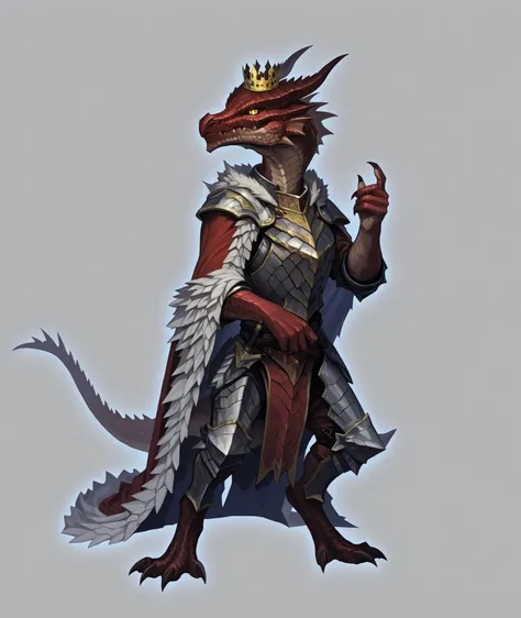 kobold, noble, scaled, reptilian, yellow eyes, steel armor, king's cape, fatalis, wearing a crown, red scales