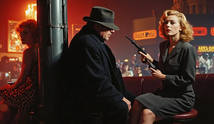 1940S NOIR-STYLE FILM COVER WITH A SLIGHTLY OVERWEIGHT DETECTIVE MAN WEARING A BLACK OVERCOAT AND A DETACHED HAT tucked under a pole with the light making a mockery on his face, an orange-haired woman with a gun, and a very beautiful blonde woman singing ...