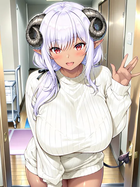 ((masterpiece:1.7, best quality)), ((masterpiece, best quality)),(((upper body))),1girl,bishoujo,((black curled horns)),black devil tail,light makeup,(((light purple hair))),straight hair,long hair,low ponytail,partial bangs,sidelocks,((dark skin)),shiny s...