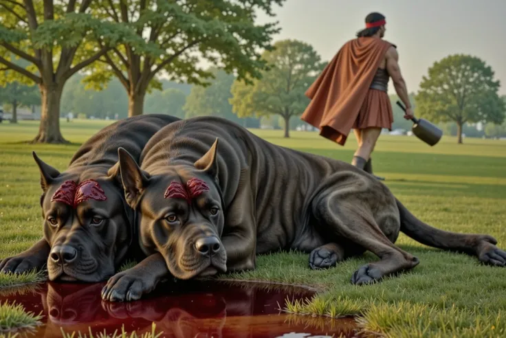 A black, two-headed Cane Corso lies motionless on the grass, its massive form a remnant of battle. In the distance, Hercules, dressed in a flowing red robe, looms, his silhouette disappearing into the distance. The mood is solemn yet triumphant, with soft ...