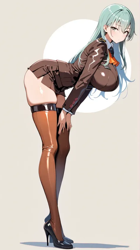 masterpiece, high score, great score, absurdres,1 girl ,big breasts,looking at viewer,thigh high stocking,kancolle-suzuya,uniform,simple background,(shiny clothes),high heels,full body,standing,long legs,tall,mini skirt,leaning forward,