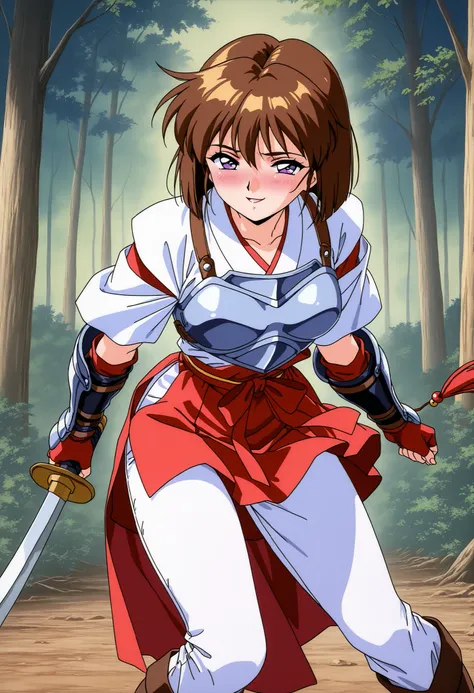 score_9, score_8_up, score_7_up,1990s \(style\),anime coloring,ultra-detailed,official art,best quality,good quality,valkyrie,miko,BREAK,1girl,solo, Amatsu_Mai, brown hair, short hair, breasts, purple eyes, bob cut, bangs,BREAK, hagoromo, red gloves, finge...