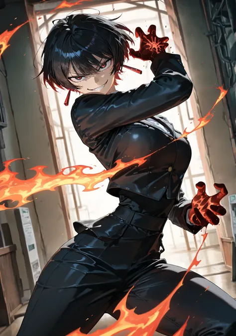 (anime coloring),(anime style),(masterpiece:1.2), (best quality:1.2), (very aesthetic:1.2), (absurdres:1.2), (detailed background:1.2),(newest),(highly detailed),(dynamic lighting), kagari hiyuki (kagurabachi),1girl, kagari hiyuki, black hair, short hair, ...