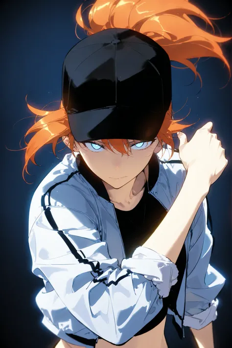 Beautifull, Athletic, alone, woman, orange hair in a ponytail, black cap, black light blue eye,  white Half-closed jacket with rolled up sleeves, , intricate sketch, expressive eyes nose and mouth, simple pose, perfect Anatomy, thick line , looking down at...