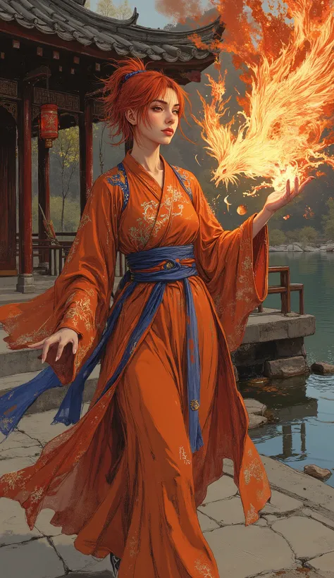 masterpiece, best quality, ultra-detailed, highres, ((perfect anatomy)), ((correct hands, five fingers)),
A stunningly beautiful noblewoman, exuding grace and intelligence, with a slender face, sharp eyes, thick arched eyebrows, and messy, short, vibrant c...