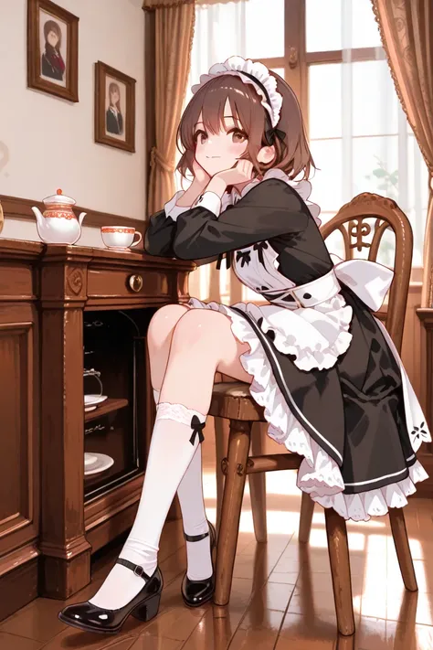 Highest Quality、real style、masterpiece、Detailed Background、Portrait Photo、soft background blur、natural skin tone、Soft brown hair、Maid cafe interior、a scene where a cute maid with a smile brings tea、The background is a classical European style interior、wooden furniture and lace curtains、black dress with white frills、White apron、ruffle headband、Knee socks with lace、 black strap shoes、slightly reddening the cheeks、Bright and soft light、very beautiful