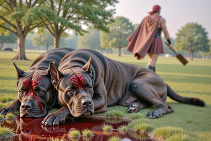 A black, two-headed Cane Corso lies motionless on the grass, its massive form the aftermath of the battle. In the distance, Hercules, dressed in a flowing red tunic, looms, his silhouette disappearing into the distance. The mood is solemn yet triumphant, w...
