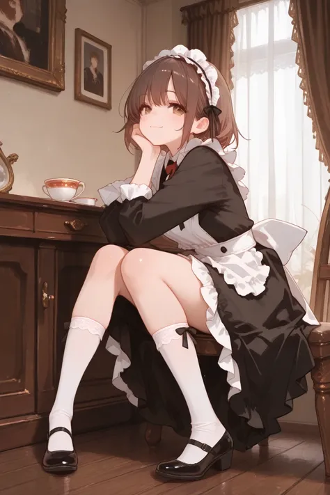 Highest Quality、real style、masterpiece、Detailed Background、Portrait Photo、soft background blur、natural skin tone、Soft brown hair、Maid cafe interior、a scene where a cute maid with a smile brings tea、The background is a classical European style interior、wooden furniture and lace curtains、black dress with white frills、White apron、ruffle headband、Knee socks with lace、 black strap shoes、slightly reddening the cheeks、Bright and soft light、very beautiful