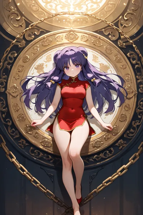 A   and  High resolution image of "Shampoo" [de ranma 1/2];  Chinese girl with long purple hair and twin bows; beautiful,  hair ornament ; a ((red)) Chinese red qipao (red cheongsam) (Vestido red largo) dress,  purple eyes;  bare arms;  bare legs;  she is ...