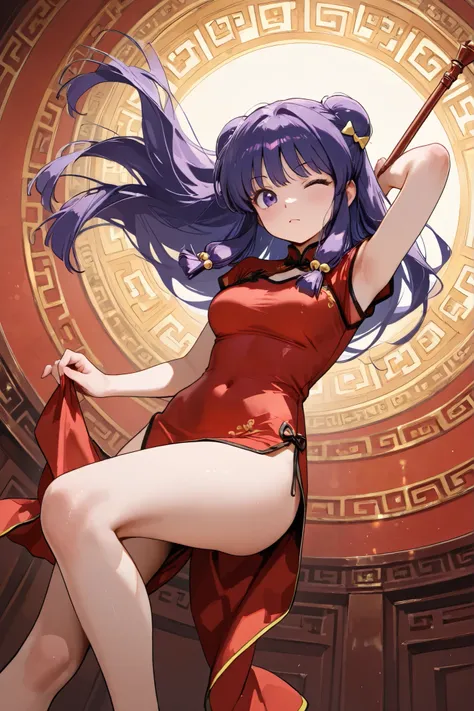 A   and  High resolution image of "Shampoo" [de ranma 1/2];  Chinese girl with long purple hair and twin bows; beautiful,  hair ornament ; a ((red)) Chinese red qipao (red cheongsam) (Vestido red largo) dress,  purple eyes;  bare arms;  bare legs;  she is ...