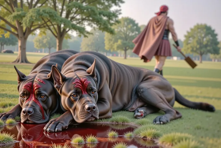 A black, two-headed Cane Corso lies motionless on the grass, its massive form the aftermath of the battle. In the distance, Hercules, dressed in a flowing red tunic, looms, his silhouette disappearing into the distance. The mood is solemn yet triumphant, w...