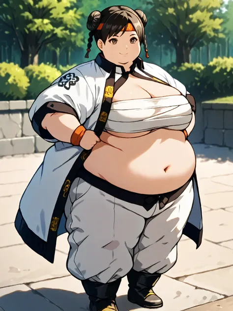 masterpiece, best quality, score_9, score_8_up, score_7_up, score_6_up, outdoors, 1girl, xiaoyu, long hair, hime cut, twin braids, double bun, bangs, parted bangs, twin tails, black hair, brown eyes, female focus, solo, white jacket, white pants, headband,...
