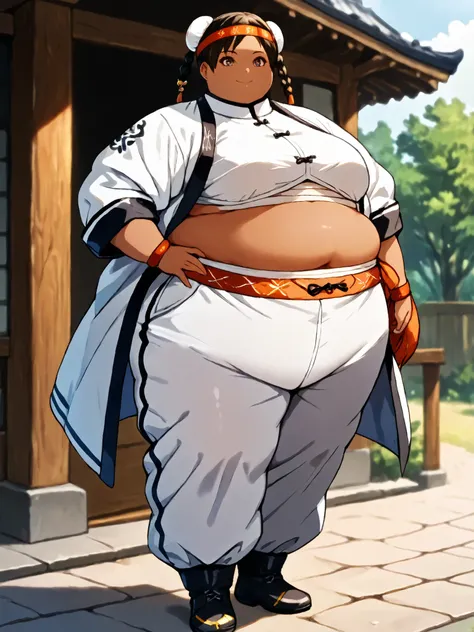 masterpiece, best quality, score_9, score_8_up, score_7_up, score_6_up, outdoors, 1girl, xiaoyu, long hair, hime cut, twin braids, double bun, bangs, parted bangs, twin tails, black hair, brown eyes, dark skin, female focus, solo, white jacket, white pants...