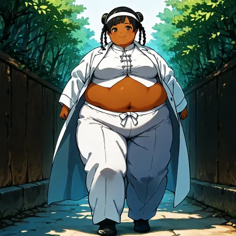 masterpiece, best quality, score_9, score_8_up, score_7_up, score_6_up, outdoors, 1girl, xiaoyu, long hair, hime cut, twin braids, double bun, bangs, parted bangs, twin tails, black hair, brown eyes, dark skin, female focus, solo, white jacket, white pants...