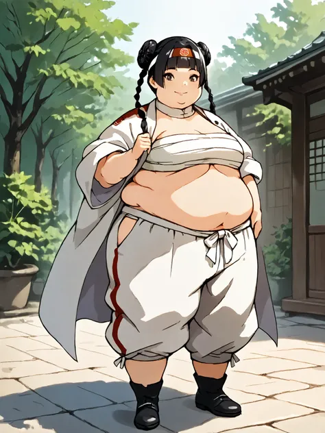 masterpiece, best quality, score_9, score_8_up, score_7_up, score_6_up, outdoors, 1girl, haylin, long hair, hime cut, twin braids, double bun, bangs, parted bangs, twin tails, black hair, brown eyes, female focus, solo, white jacket, white pants, headband,...
