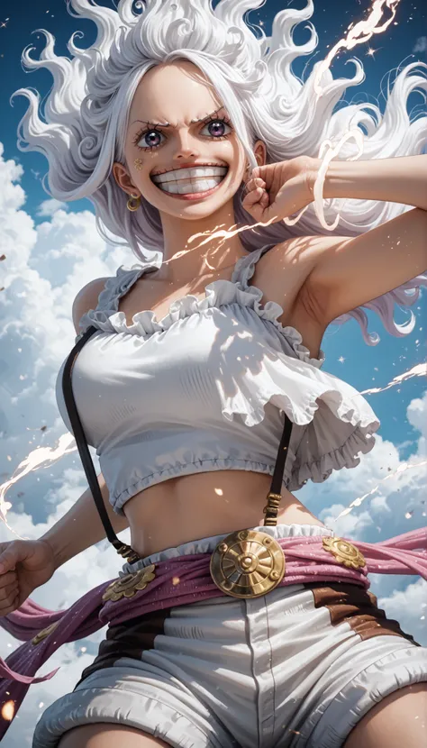 Jewelry Bonney from One Piece, transformed into a Gear Fifth-inspired form: voluminous, cloud-like white hair floating upwards with magical energy, a playful, divine expression, and a wide smile. She wears a tight white crop top and white shorts, with a pu...