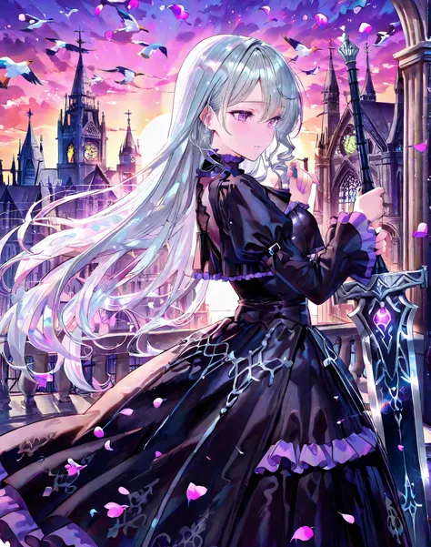 masterpiece, best quality, ultra-detailed, (anime-style beautiful girl:1.2), long flowing silver hair, (gothic ta dress:1.1), purple and black layered frills, detailed lace, ornate black greatsword, standing on gothic cathedral rooftop, fantasy city backgr...
