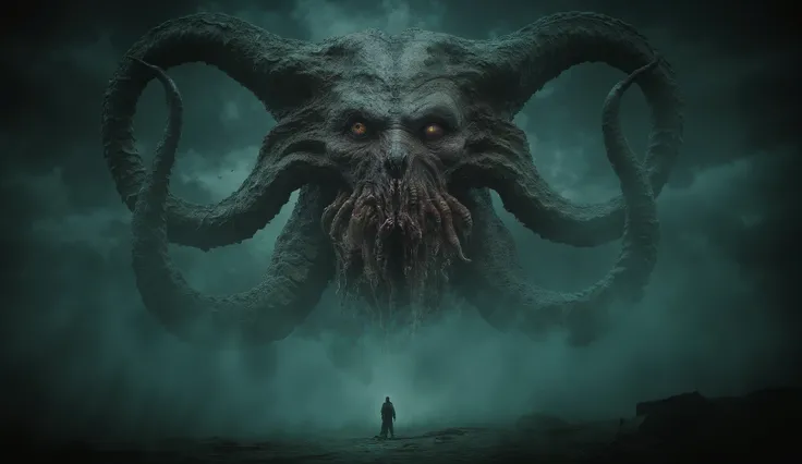 Eldritch entity, distorted face, tentacles coming out of the eyes and mouth, biomorphic body, darkness and fog background, high detail, masterpiece.
