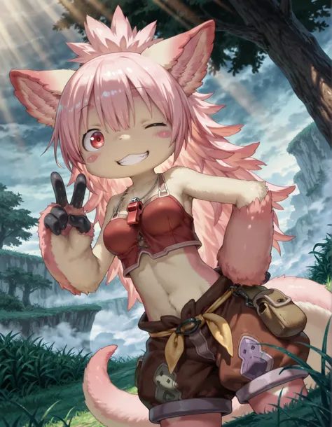 masterpiece, best quality, amazing quality, very aesthetic, absurdres, 1girl, solo, no headwear,
 miabyss, mitty \(made in abyss\) \(furry\),  \(made in abyss\), narehate, furry body, human face,  pink hair, spiked hair, long hair, red eyes, medium breasts...