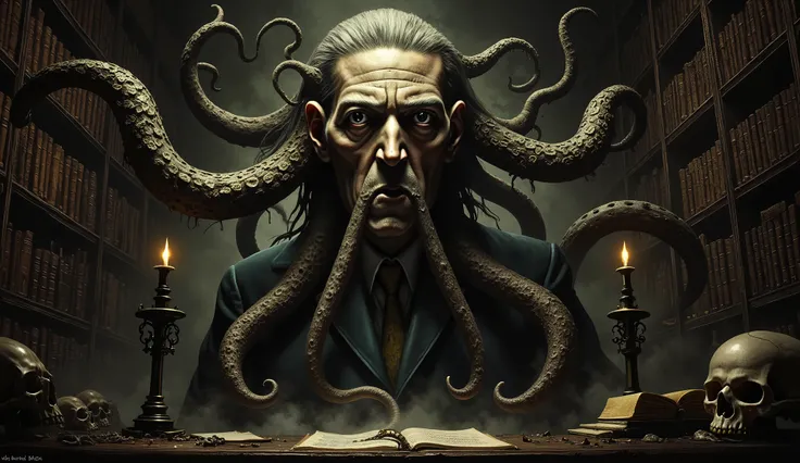 H.P. Lovecraft, portrait, tentacles, skulls, Lovecraftian horror, library study background, dark surrealism, high detail, masterpiece. 
