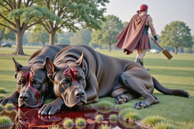 A black, two-headed Cane Corso lies motionless in the grass, its massive form the aftermath of the battle. The dog has both heads wounded. The dog lies in a pool of blood. The dog’s eyes are closed. The dog is bleeding from the nose. The Dog is dead. In th...
