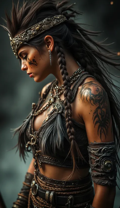 
Female aztec warrior, tribal, wolf headdress, spirit energy, energies flowing, war paint, face paint, eye black, glowing eyes, in profile, toned arms, braided hair, large breasts, dark and moody background, adds a dramatic tone, subtle lighting reflection...