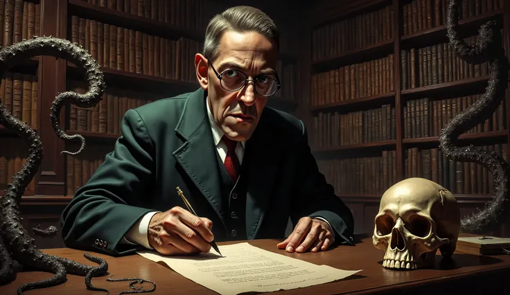 H.P. Lovecraft writing on parchment paper at his desk with a quill, a human skull sits on his desk, tentacles are coming out of the book case, wire framed glasses, portrait, Lovecraftian horror, library study background, dark surrealism, high detail, maste...