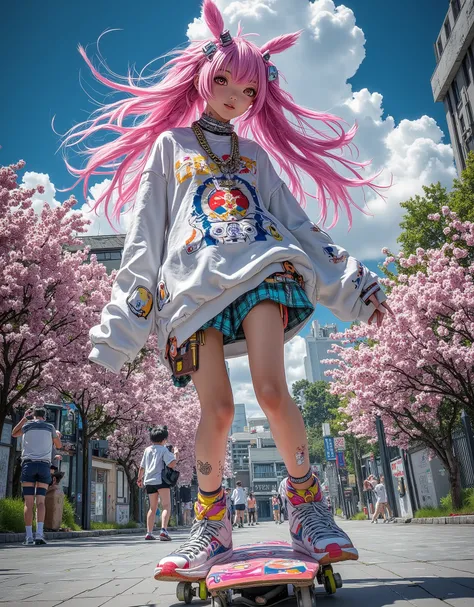 Very cheerful and kawaii Japanese girl (13-) in the vibrant Harajuku style having fun skateboarding in a summer park. Her image is bold and fashionable: pink or colorful dreadlocks/tails , Neon accessories (big clips,  bracelets,  draws ), plus size anime ...