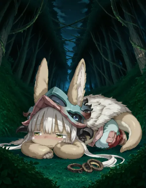 miabyss,, made in abyss,, nanachi \(made in abyss\),  solo, lagomorph, abyssal pants, abyssal hat, looking aside, embarrassed, narrowed eyes, night, forest, vine, on front, hand on cheek, leaning on elbow, plant, grass, detailed background, clutter, dynami...