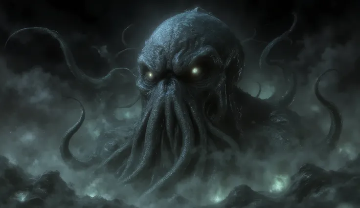 Eldritch entity, distorted face, tentacles coming out of the eyes and mouth, biomorphic body, darkness and fog background, high detail, masterpiece.