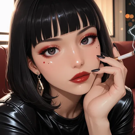 alt girl, mature face, mature woman, beauty mark under eye, college girl, High Resolution, Masterpiece, Detail, High Details, High Quality, Super Detailed, Retina, ray tracing, bokeh, depth of field,Shiny lips, dark eye makeup, black hair, blunt bangs, cig...