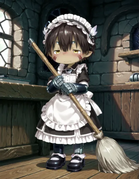 miabyss,, made in abyss,, solo, , full-length portrait BREAK,
regu \(made in abyss\), solo, cyborg, cybernetic limbs, male, maid outfit, maid hat, maid shoes, wall desk, stone window, crooked broom, holding broom, narrowed eyes, embarrassed, annoyed, woode...