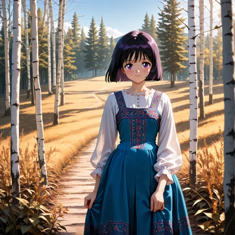 masterpiece, amazing quality, best quality, ultra-detailed, 8K, illustration, clear skin, ultra-detailed-eyes, soft skin, very awa, very as2, soft body, 1990s \(style\), official art, lil girl, hotaru tomoe, short hair, black hair, purple eyes, sarafan wit...