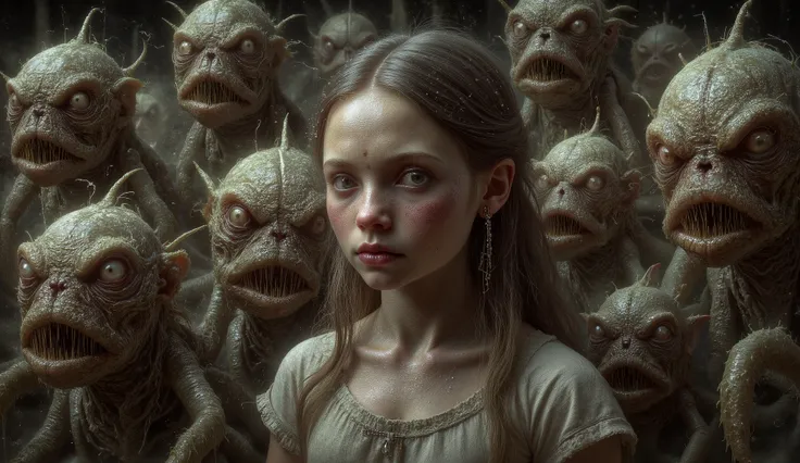 An intricate mixed media artwork depicting a surreal scene of a young woman surrounded by a swarm of malevolent, anthropomorphic creatures, each with distorted features and sharp teeth, portraying the unsettling blend of innocence and horror. In the style ...