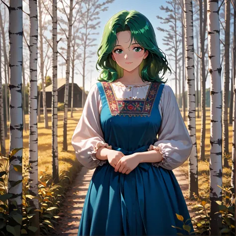 masterpiece, amazing quality, best quality, ultra-detailed, 8K, illustration, clear skin, ultra-detailed-eyes, soft skin, very awa, very as2, soft body, 1990s \(style\), official art, mature girl, michiru kaiou, green eyes, green hair, medium hair,, sarafa...