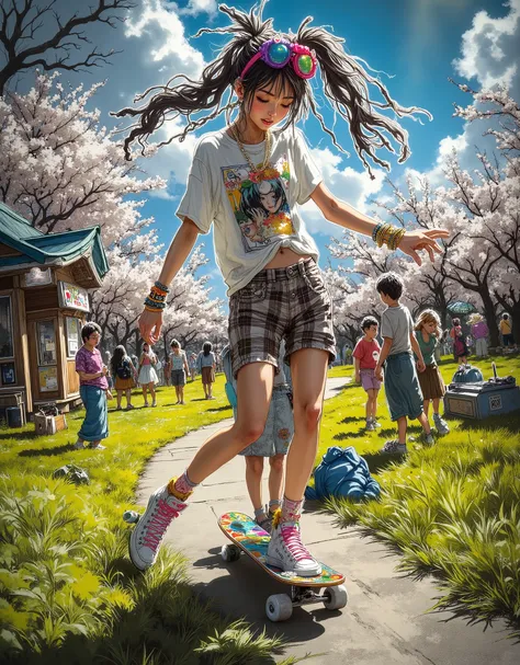 Very cheerful and kawaii Japanese girl (13-) in the vibrant Harajuku style having fun skateboarding in a summer park. Her image is bold and fashionable: pink or colorful dreadlocks/tails , Neon accessories (big clips, bracelets, draws ), plus size anime ...