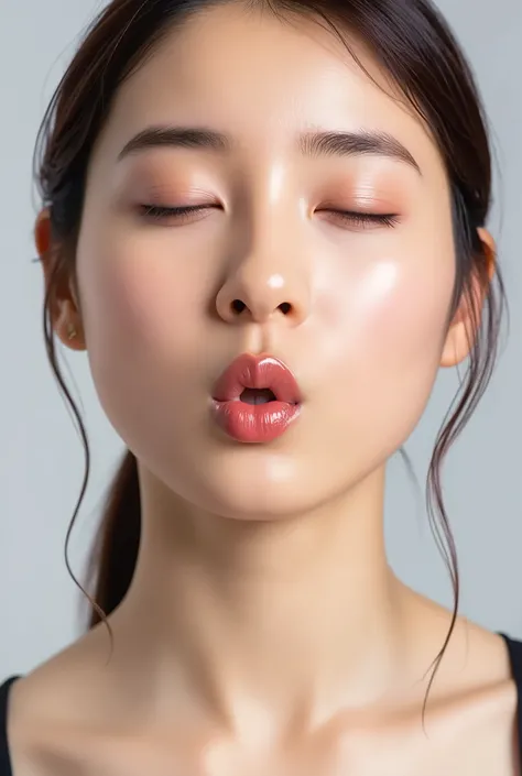 ultra-detailed close-up of a beautiful modern girl, collarbone-up composition, white studio background, soft natural lighting, soft focus on background, 
camera angle slightly elevated (about 60 degrees), subject's chin gently raised, head and face facing ...