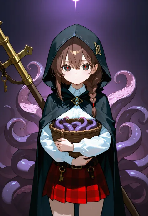 A girl carrying a large weapon. Brown hair. Single braid. Black hood. Large eyes. Black cloak. White blouse. Checkered skirt. Key-shaped weapon. Jagged edges. A basket containing a tentacle monster.