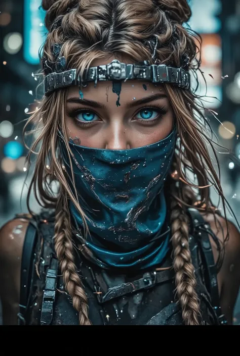 closeup photo of a striking female figure, her expression filled with intensity and defiance. detailed blue eyes, wearing a blue scarf over her mouth, blurry blue background in a cyberpunk city