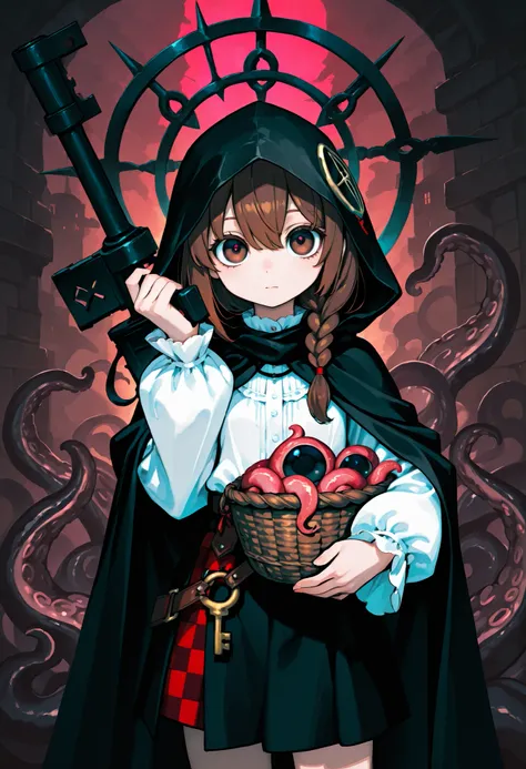 A girl carrying a large weapon. Brown hair. Single braid. Black hood. Large eyes. Black cloak. White blouse. Checkered skirt. Key-shaped weapon. Jagged edges. A basket containing a tentacle monster.