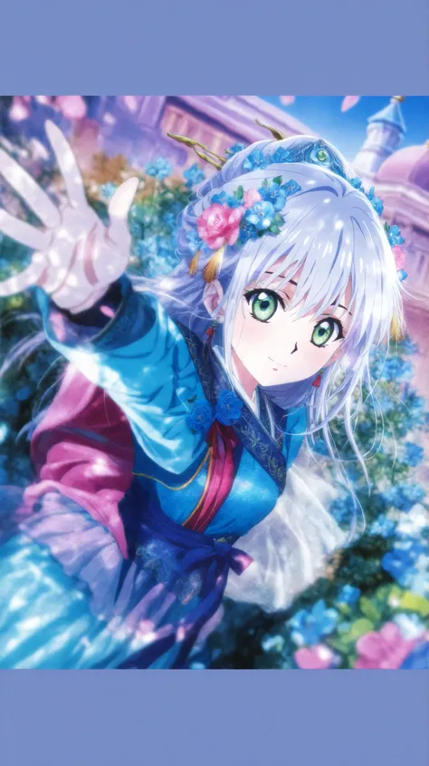 anime girl with blue flowers in her hair, palace , A Girl Wearing Hanfu , Beautiful Anime portrait, ((Beautiful fantasy empress)), Beautiful Anime girl, cute girl anime visual, detailed portrait of an anime girl, Beautiful Anime style, soft animated illus...