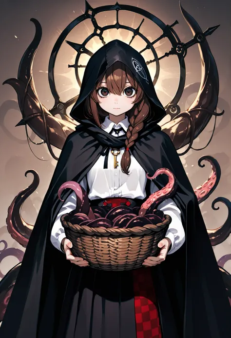 A girl carrying a large weapon. Brown hair. Single braid. Black hood. Large eyes. Black cloak. White blouse. Checkered skirt. Key-shaped weapon. Jagged edges. A basket containing a tentacle monster.