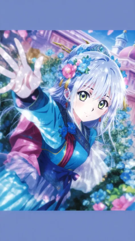 anime girl with blue flowers in her hair, palace , A Girl Wearing Hanfu , Beautiful Anime portrait, ((Beautiful fantasy empress)), Beautiful Anime girl, cute girl anime visual, detailed portrait of an anime girl, Beautiful Anime style, soft animated illus...