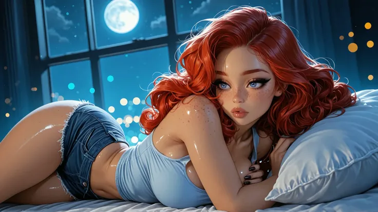 1girl, Solo, mature face, black pointy nails, hands on breasts, nightime, moon in window, soft white blue light, laying in bed, hair fanned out over pillow, shiny lip gloss, cute freckles, heavy eyeliner, shiny lips, tight tank top, tight short jean shorts...